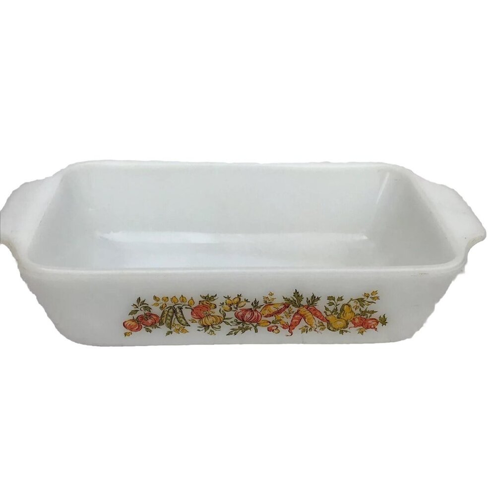 Anchor Hocking Loaf Pan MCM Vegetable Harvest Vtg Milk Glass Oven Bakeware USA